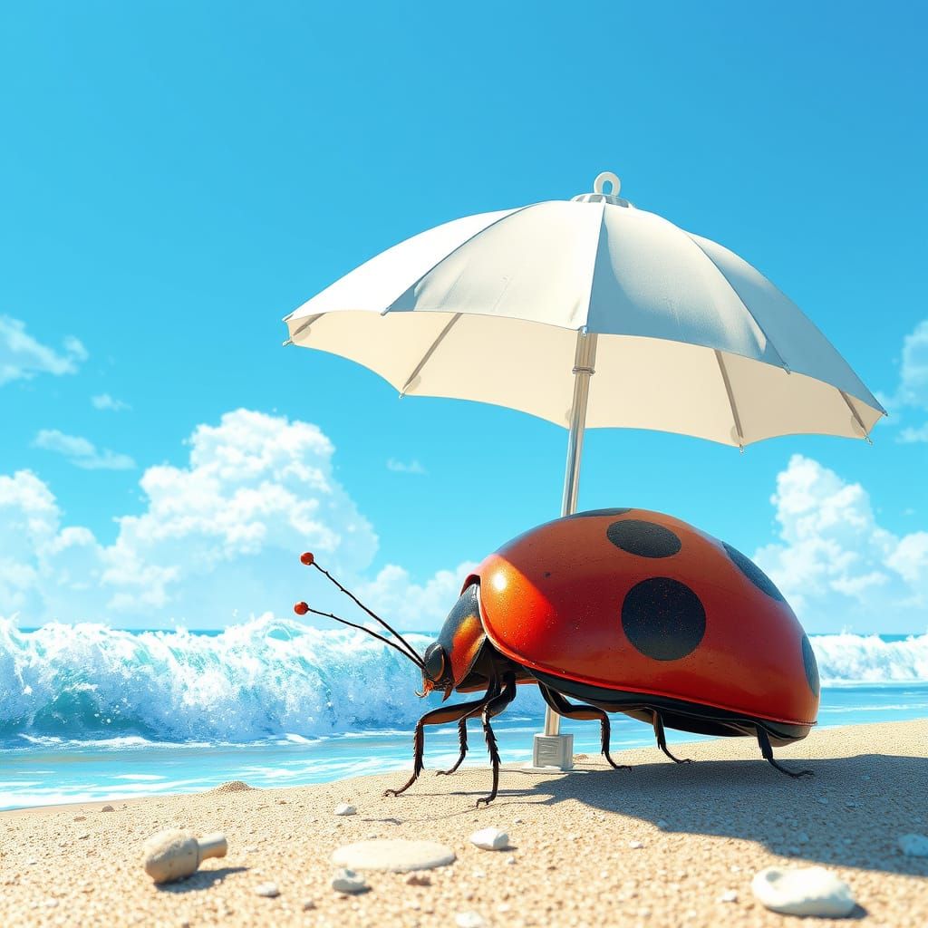 Ladybug Under Parasol on the Beach: 3D Anime Style