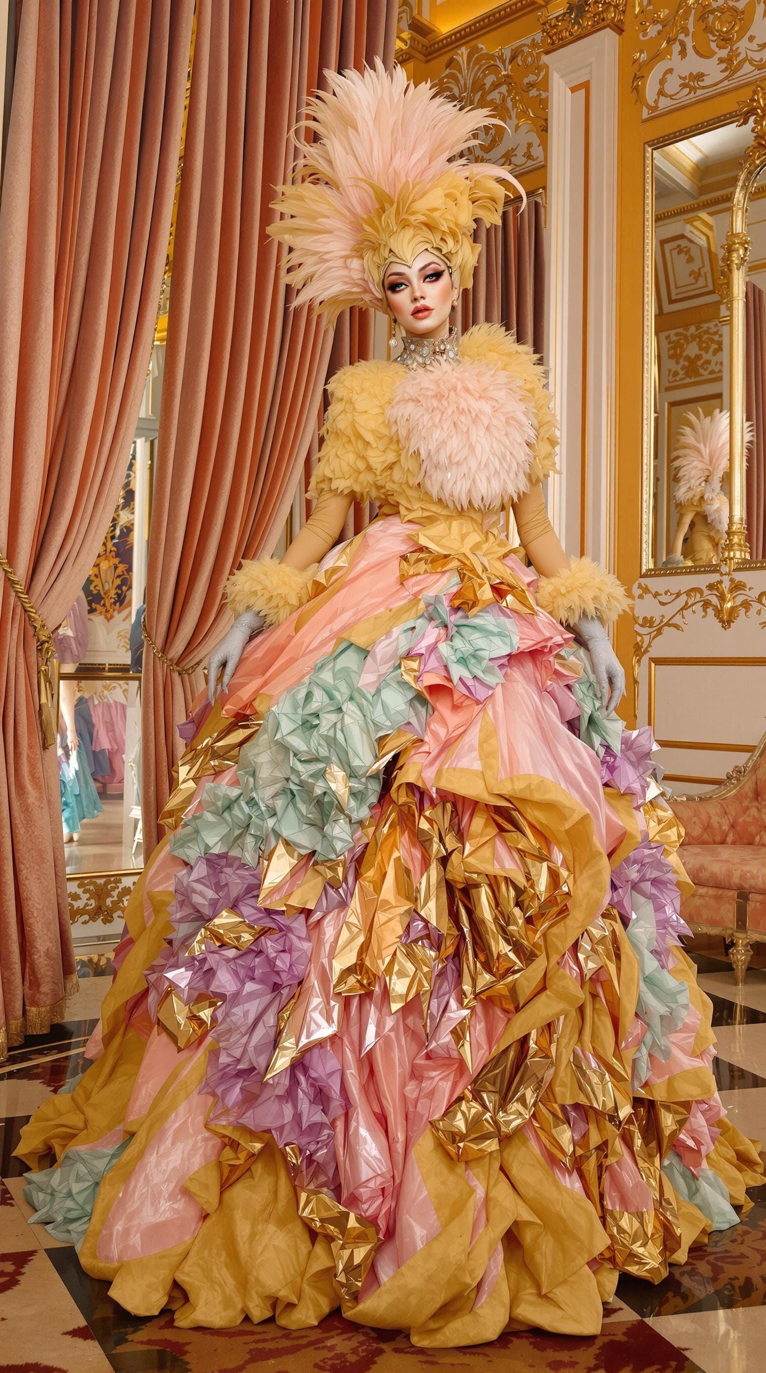Extravagant Feather Coat in Gilded Hall