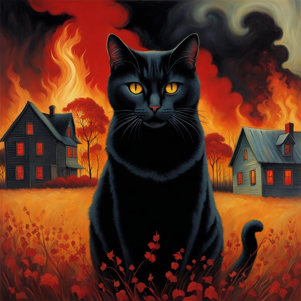 Bipolar Cat in Burning Field: Horror Art Style