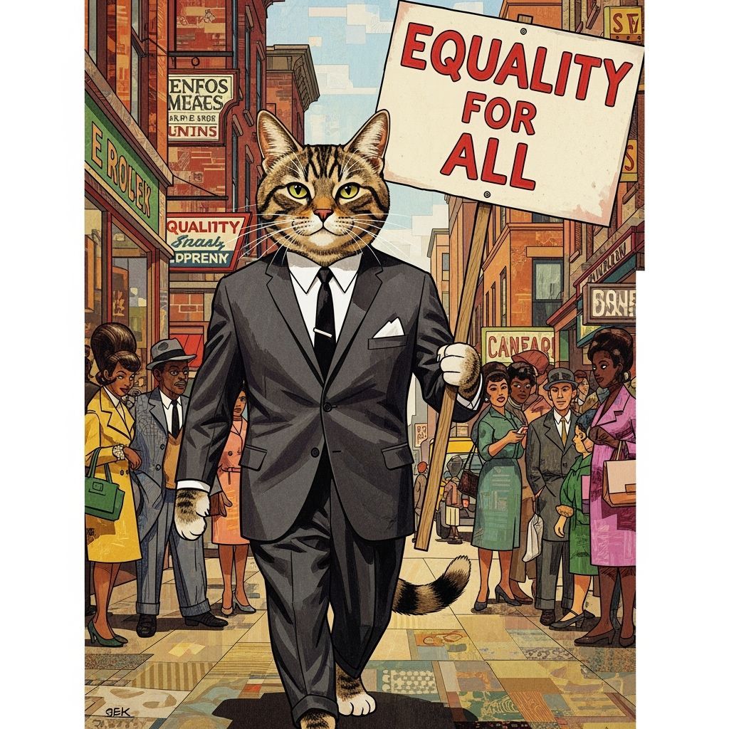 Cat Marches for Equality in Rockwell-Bearden-Wiley Style