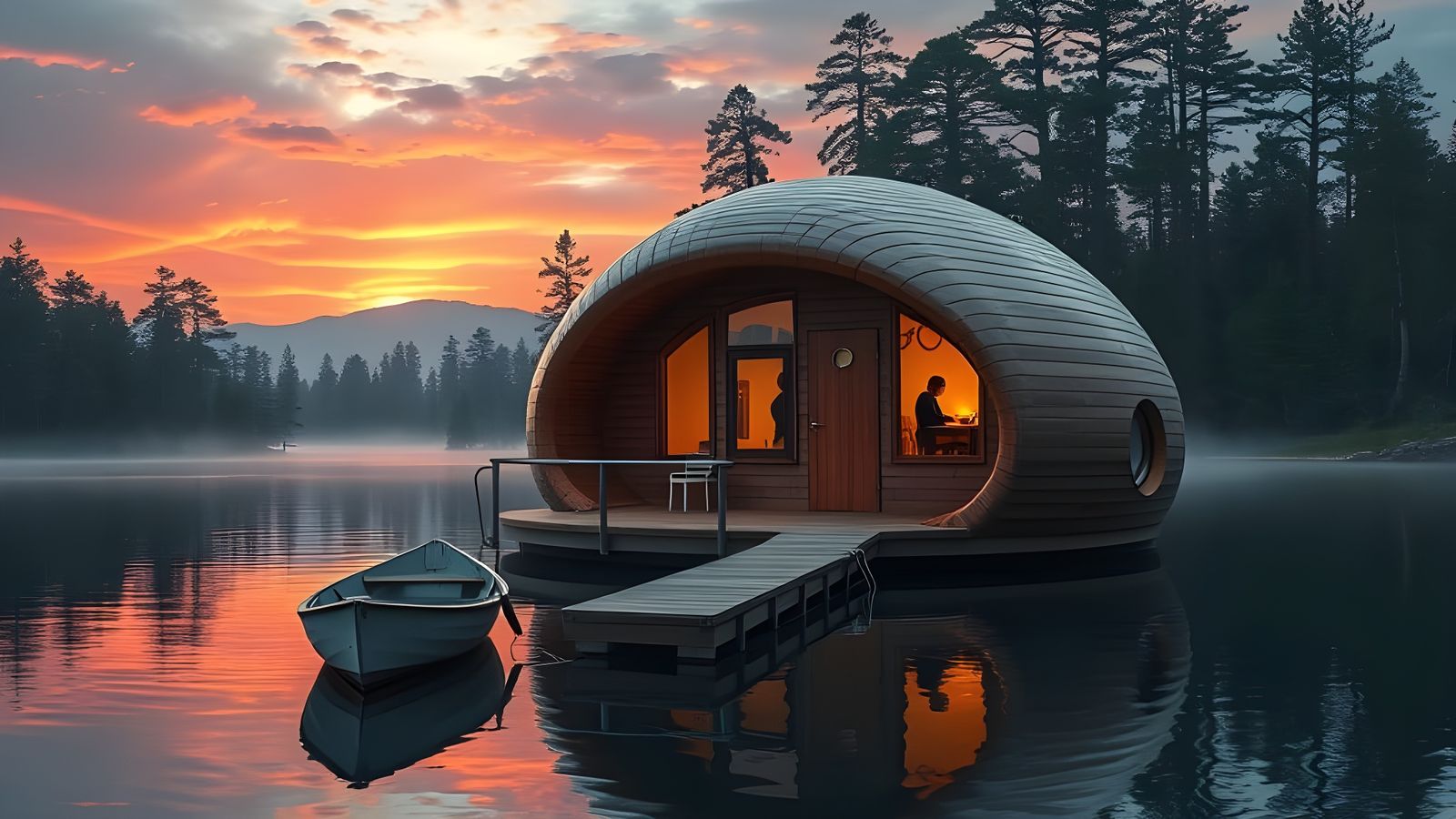 Futuristic Lake Retreat in Sunset Glow