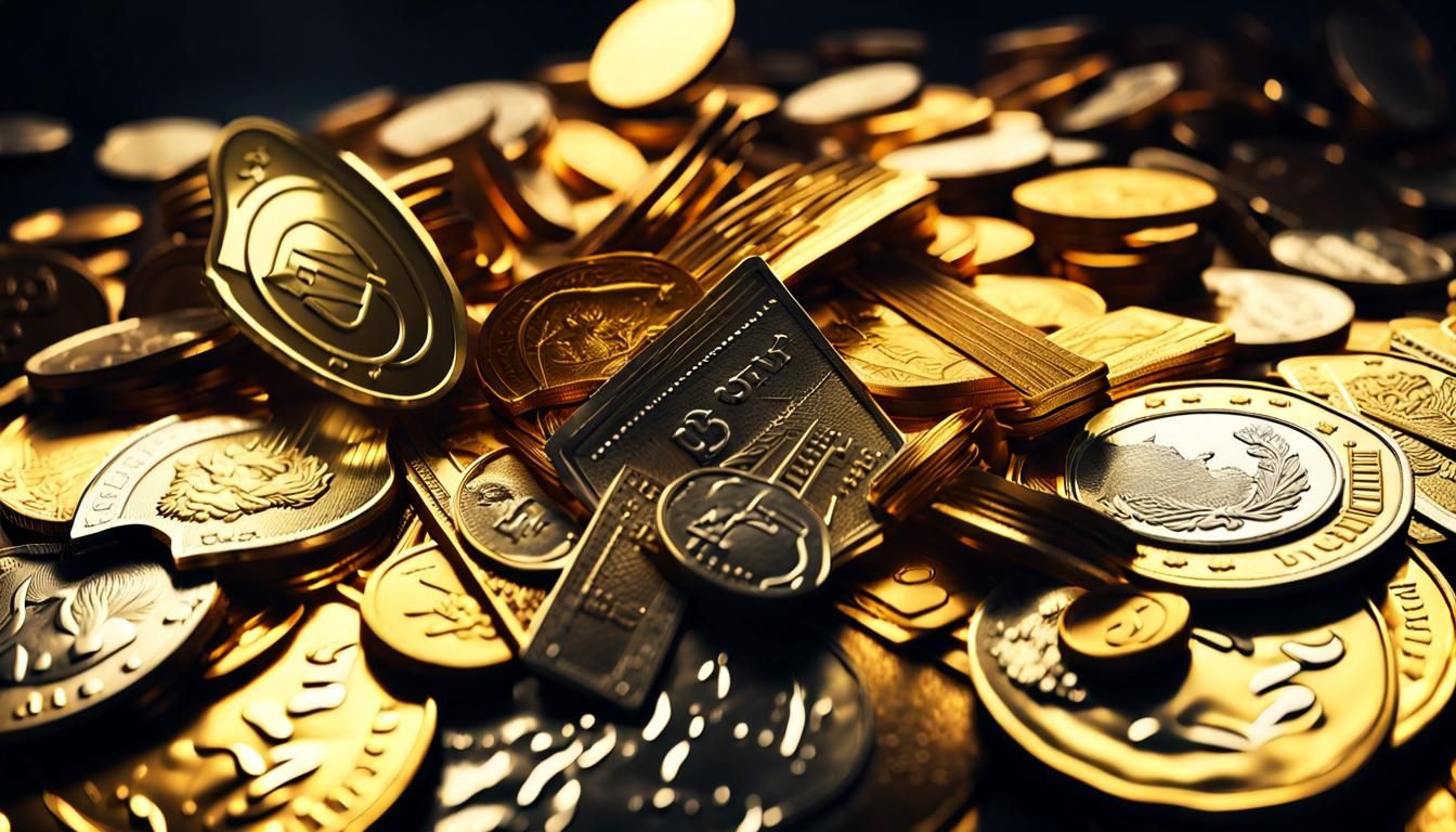 Detailed Macro Photograph of Golden Coins and Banknotes