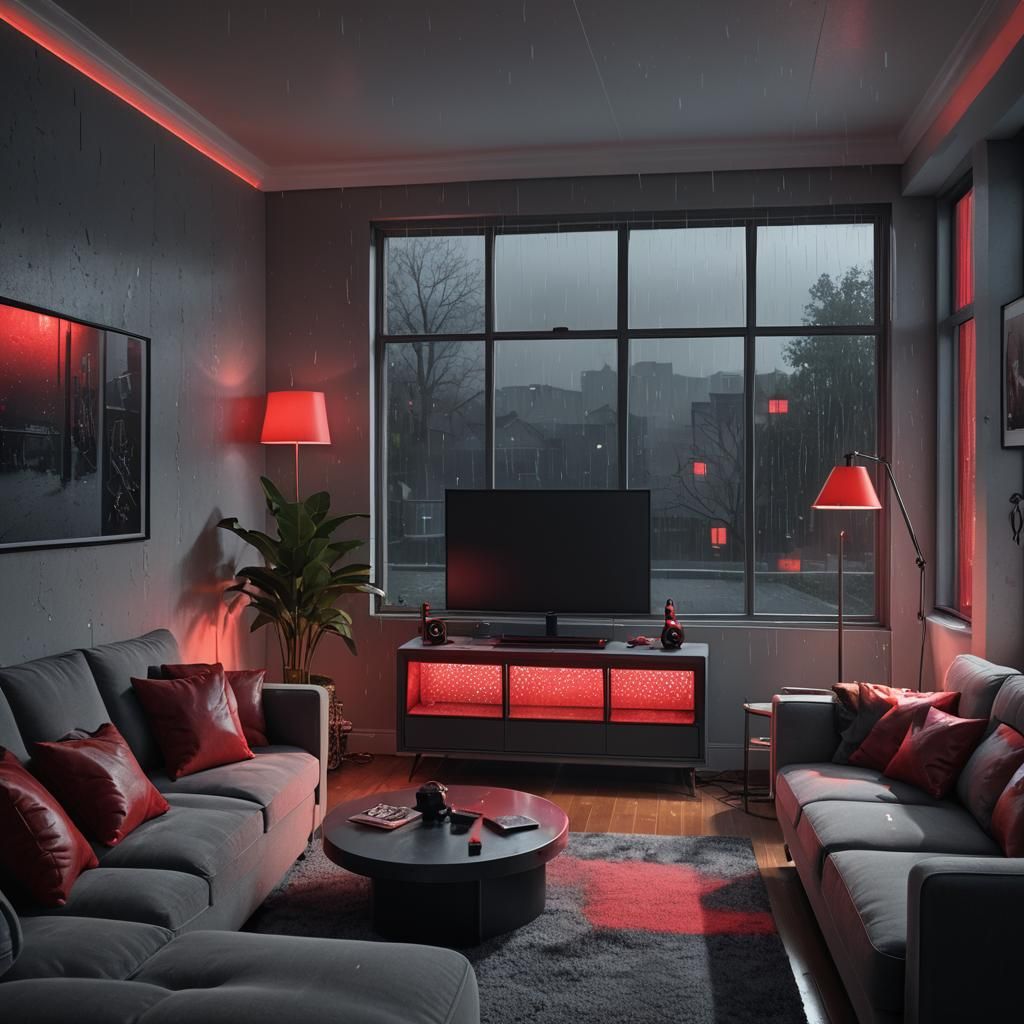 Cozy Game Room with Red LEDs in Digital Art