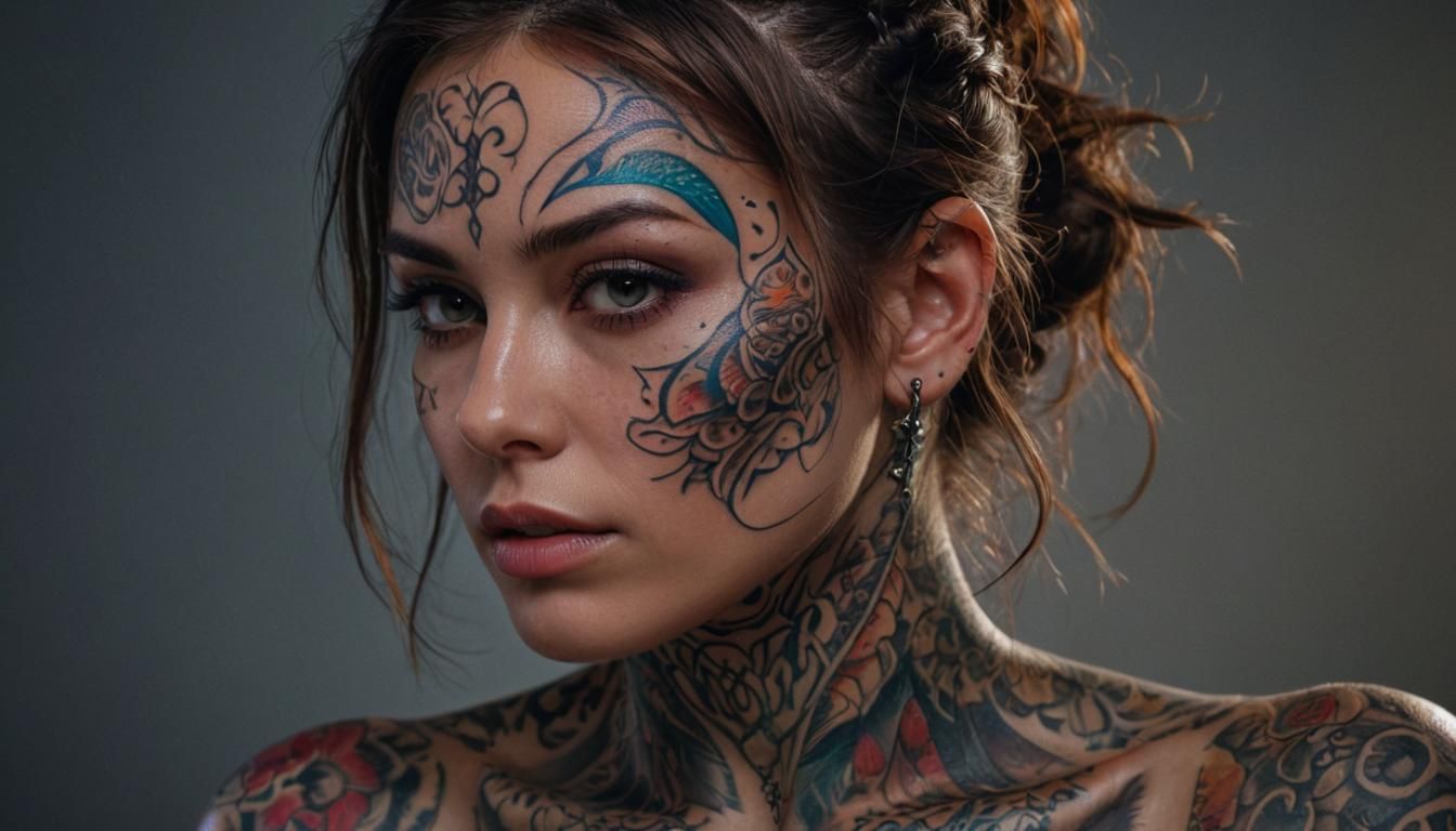 Vibrant Tattoos on Beautiful Woman: Digital Portrait