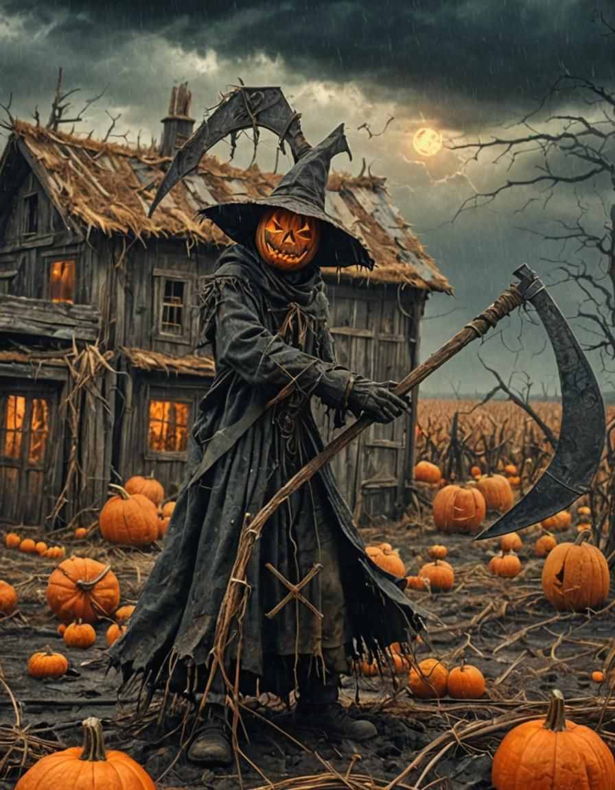 Scary Scarecrow with Scythe in Stormy Landscape