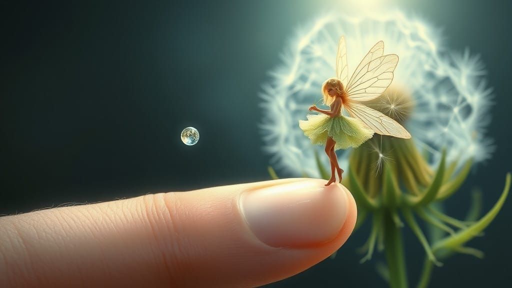 Tiny Fairy Perched on Human Fingertip in Dreamy, Ethereal St...