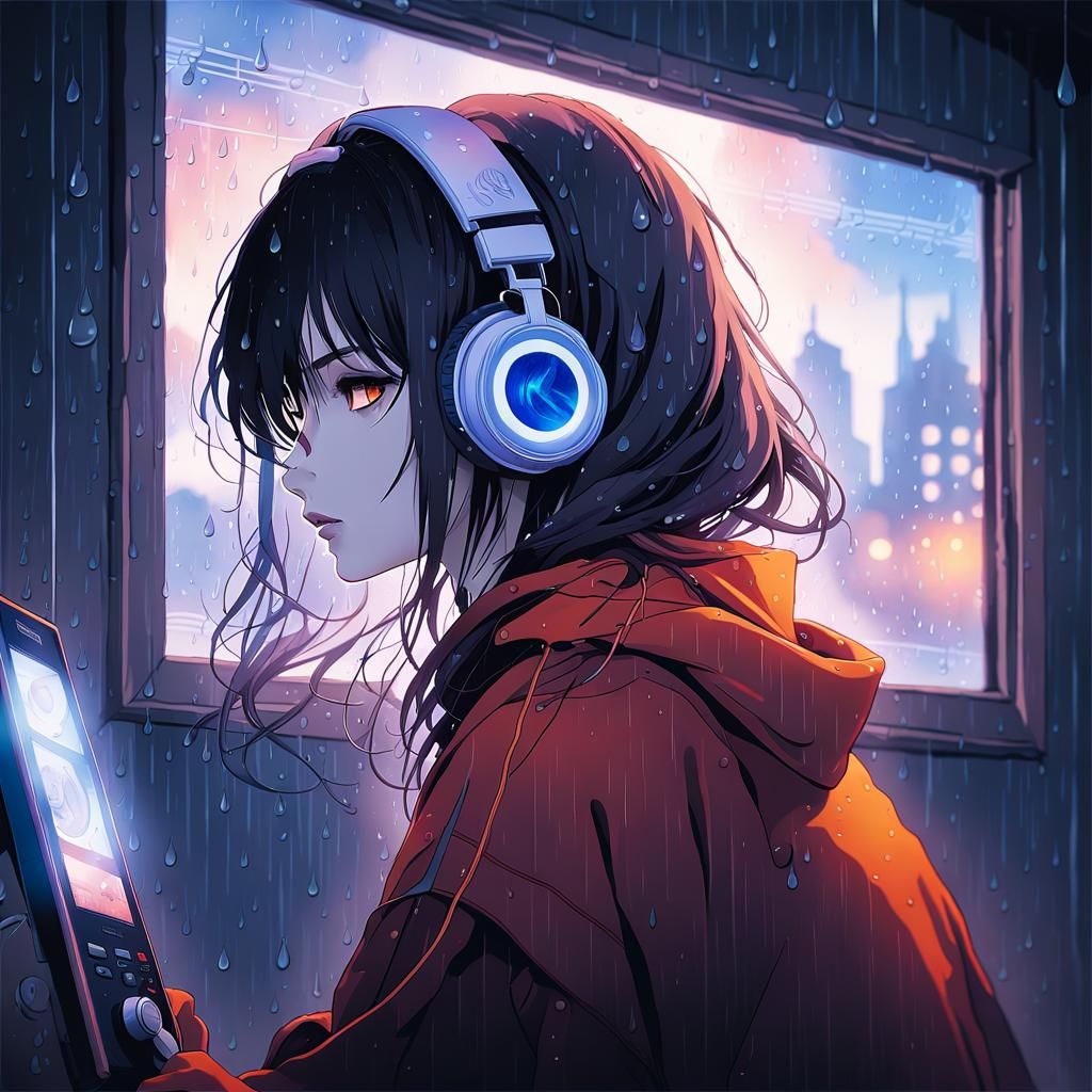Girl Listens to Music on a Rainy Day: Manga Style