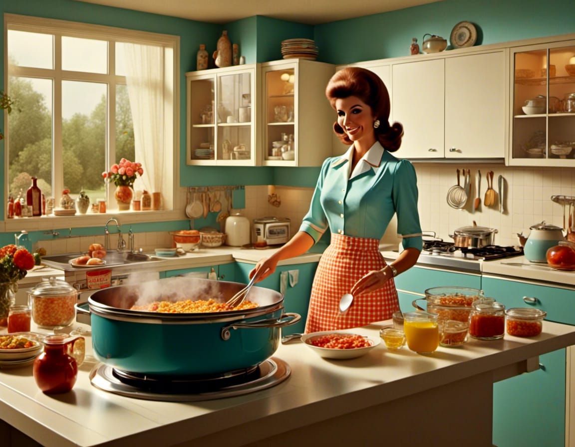 1970's housewife cooking a meal