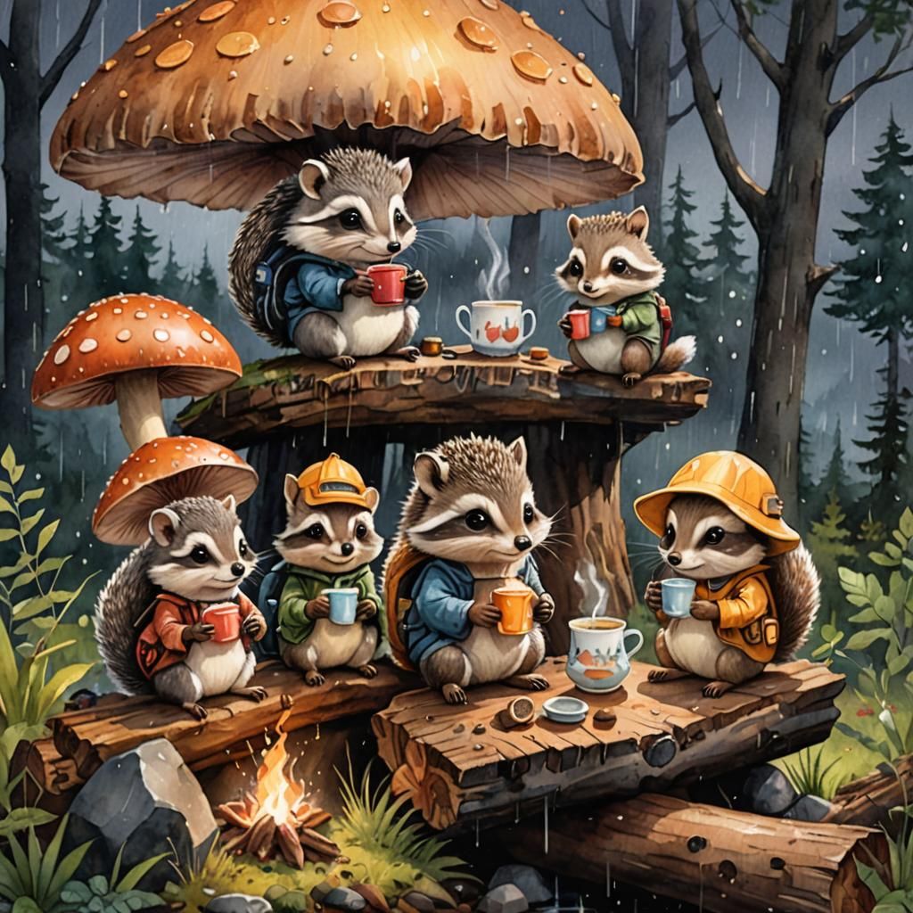 Cozy Campfire Under a Mushroom in Rainstorm