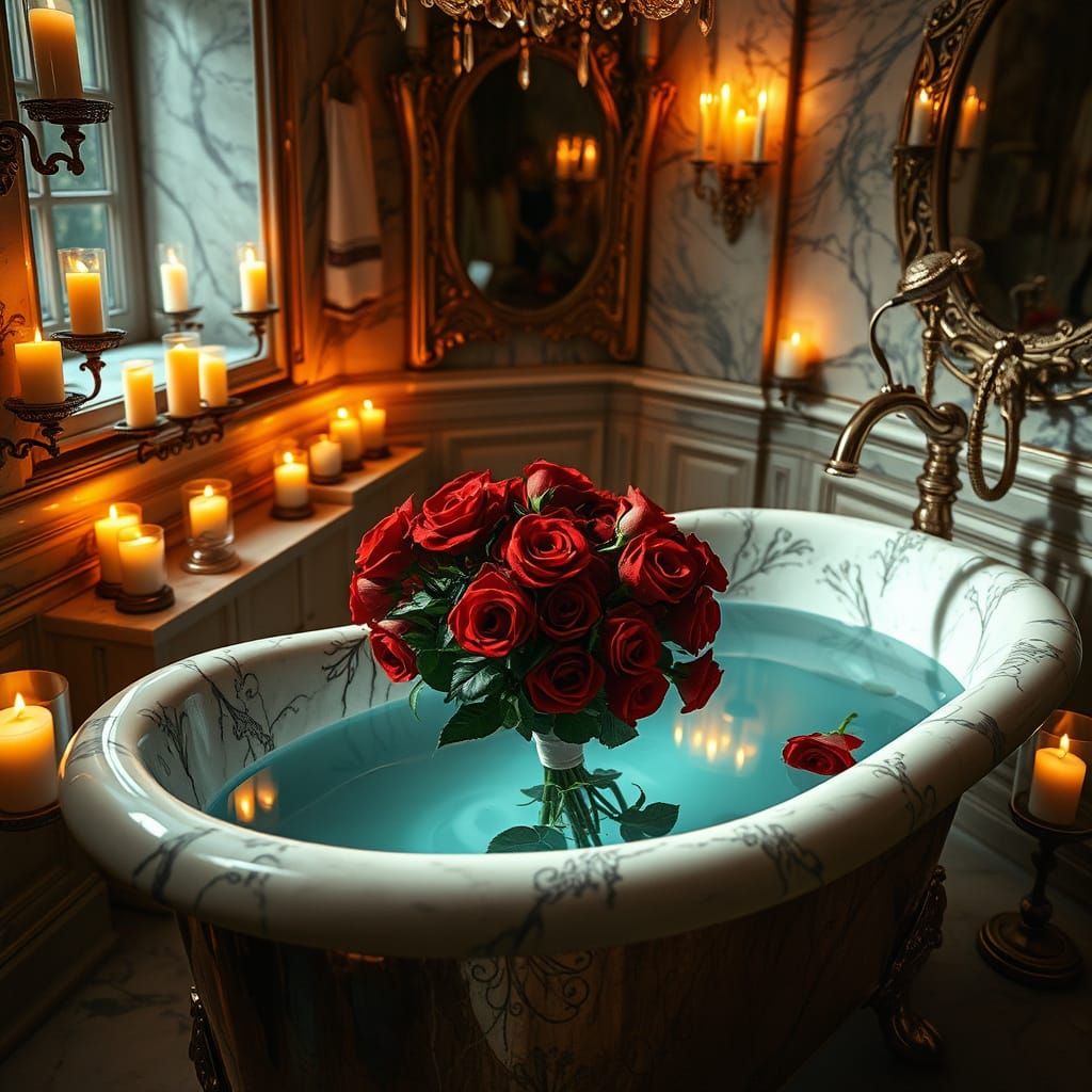 Luxurious Marble Bathroom with Candles and Roses