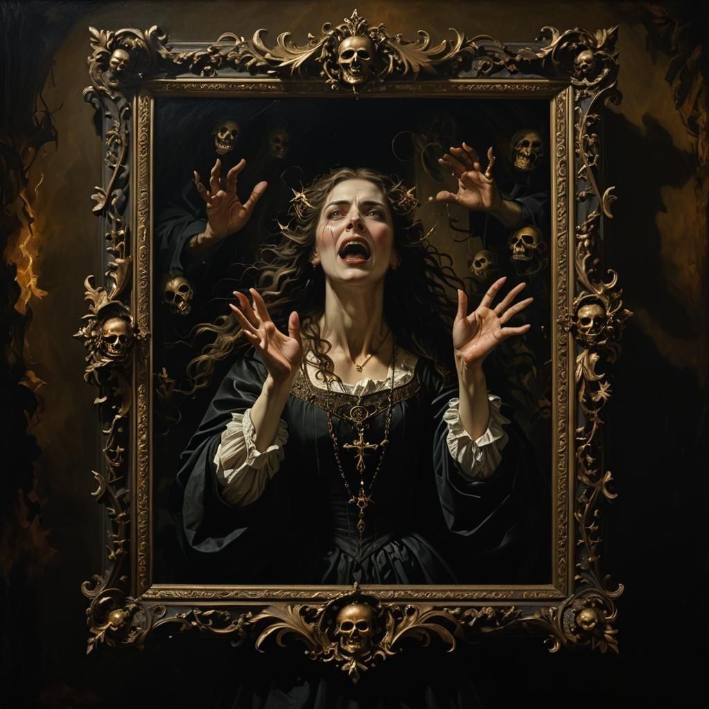 Baroque Horror: Woman Surrounded by Ghostly Hands