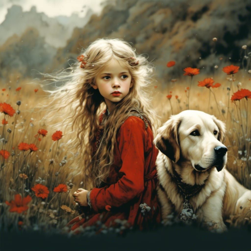 Girl and Dog Illustration in Rackham, Griffiths, and Klee St...