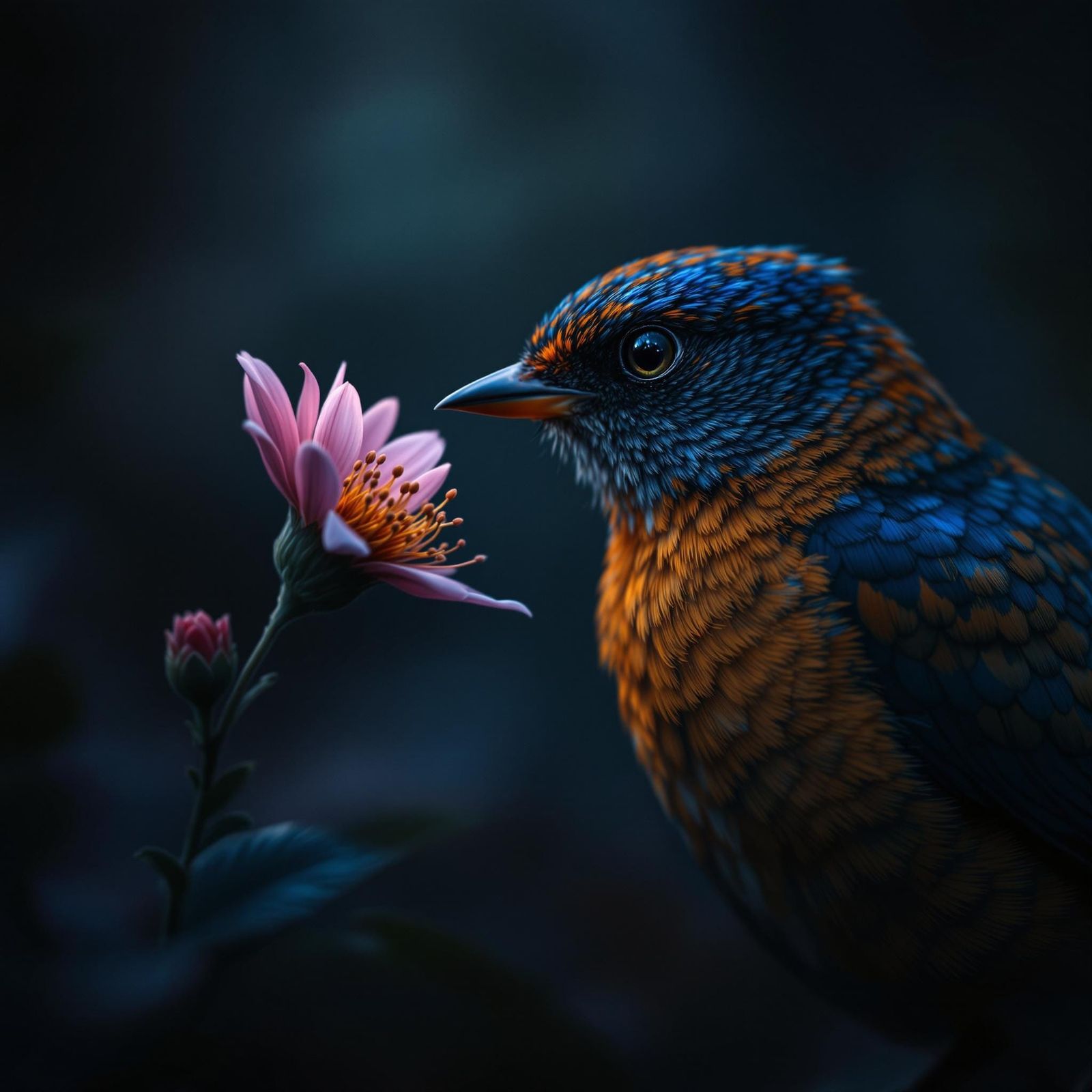 Photorealistic Bird and Flower Close-Up