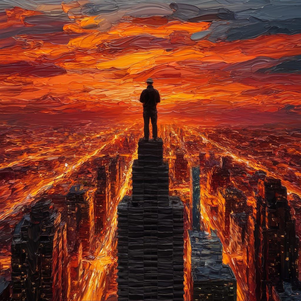 Worker Contemplates Fiery Sunset Over Cityscape