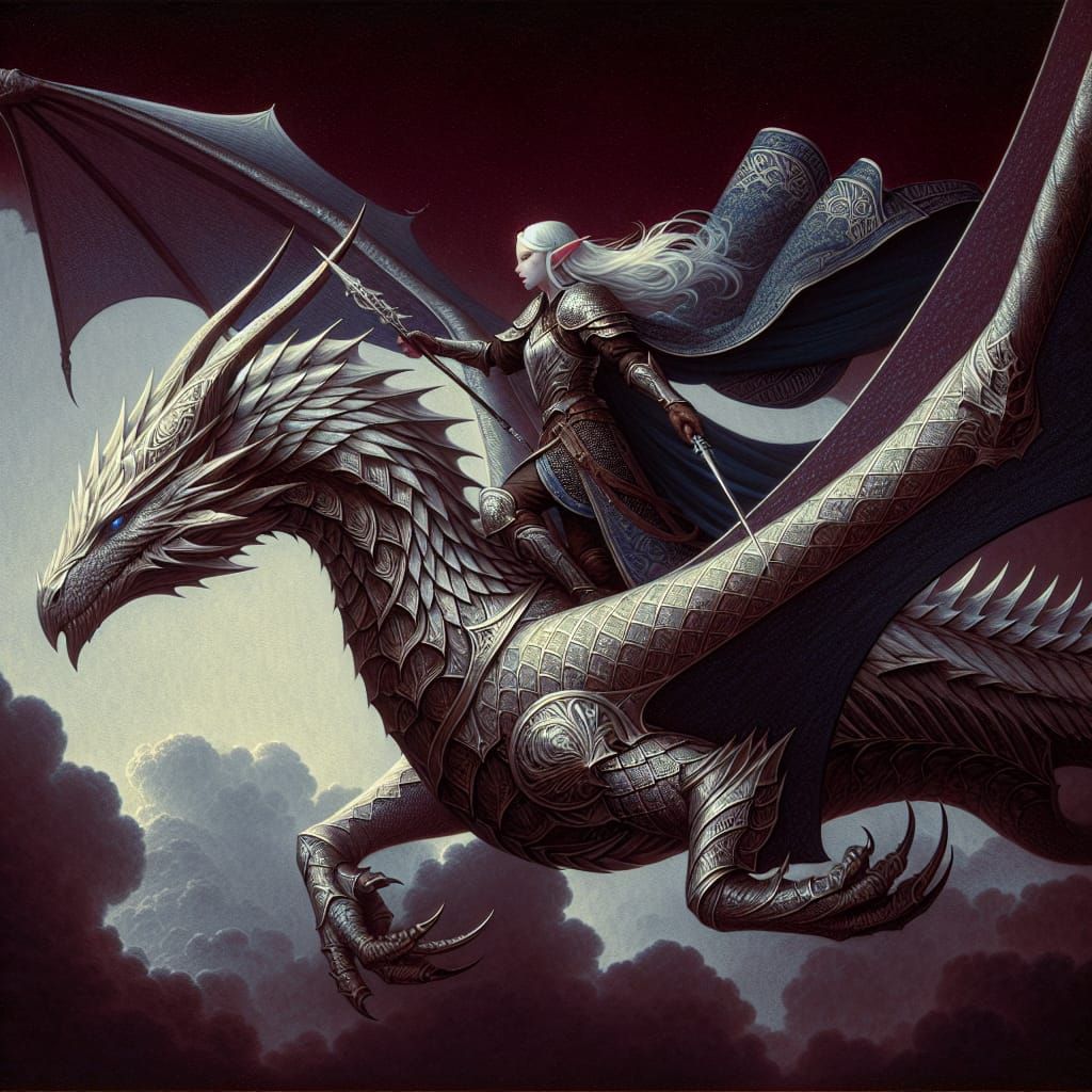 Elven Rogue on Silver Dragon in Fantasy Art