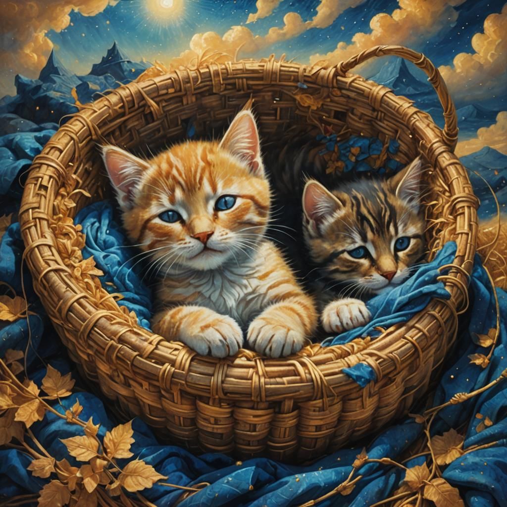 Kittens Sleeping in Basket: Fantasy Oil Painting