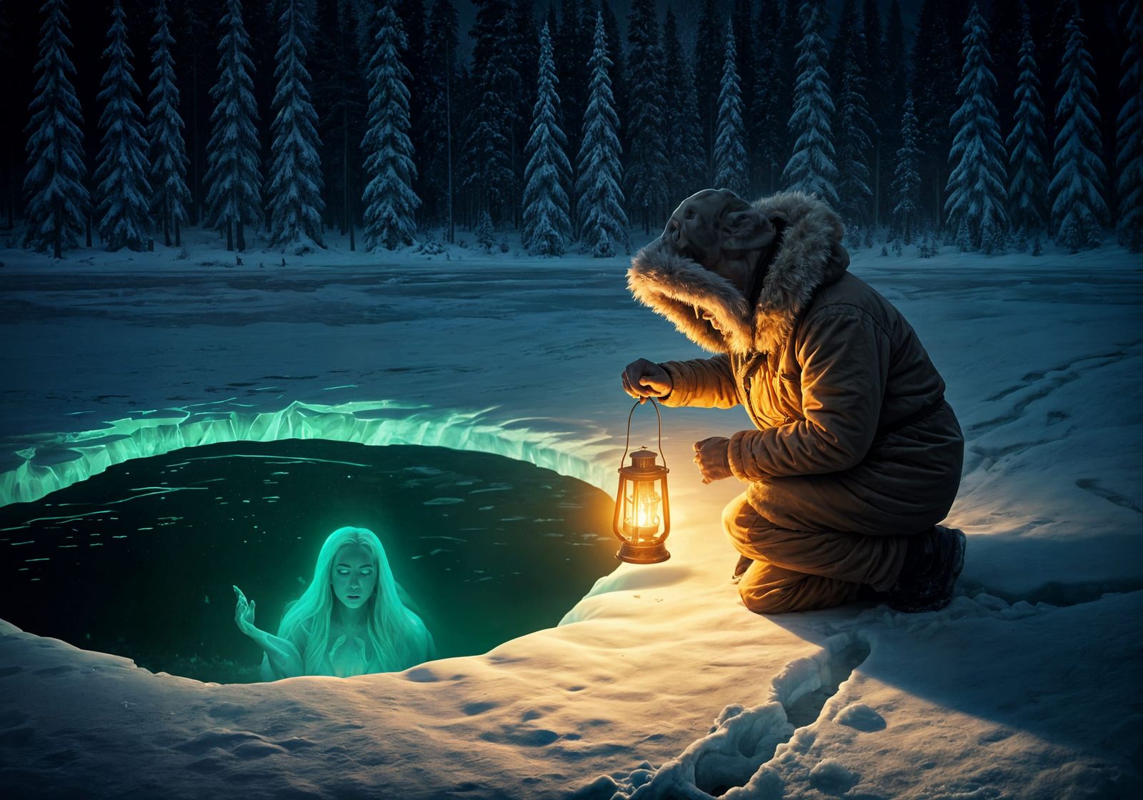 Frozen Siren Rises from Icy Waters in Dark Fantasy Scene