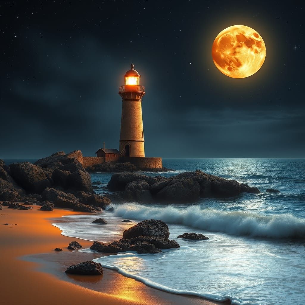 Moonlit Lighthouse in Fantasy Realism Style