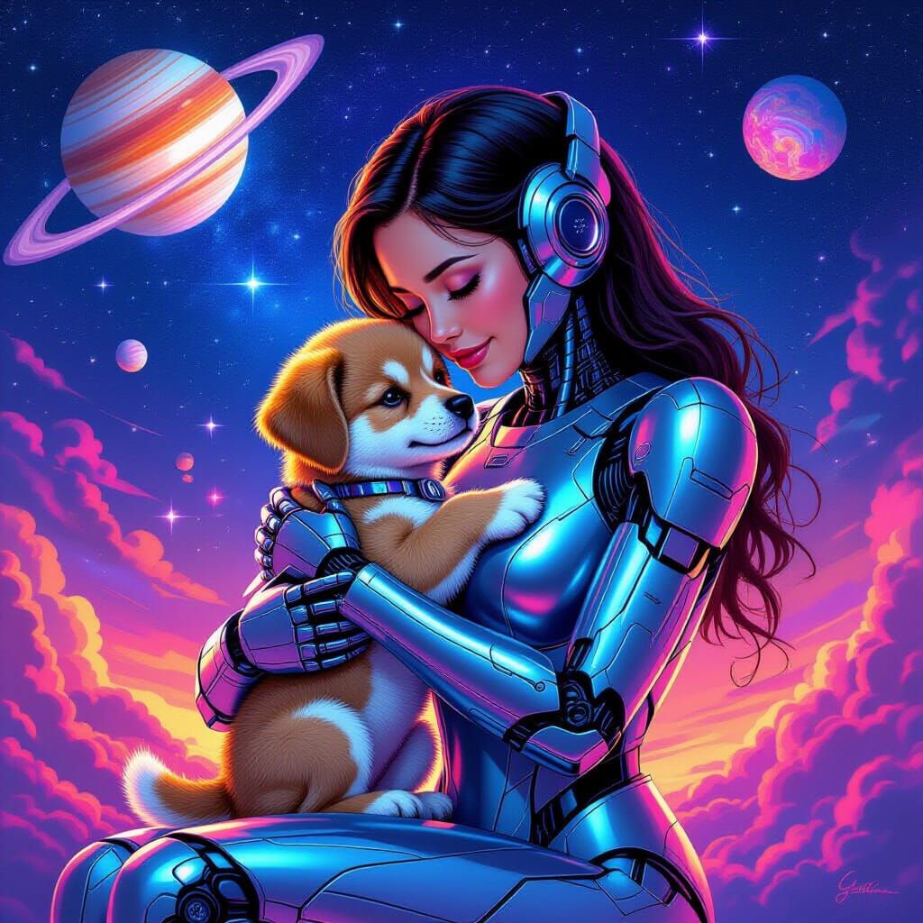 Robot Woman and Puppy in Futuristic Universe