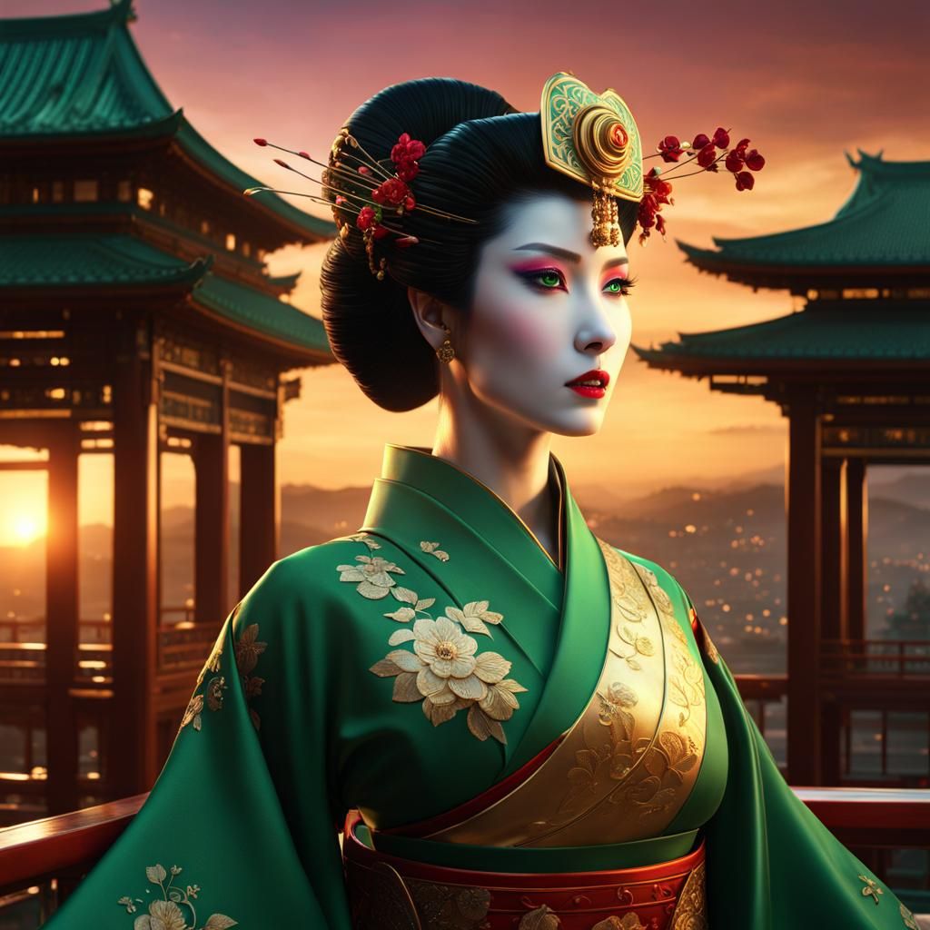 Robotic Geisha in Golden Palace at Sunset