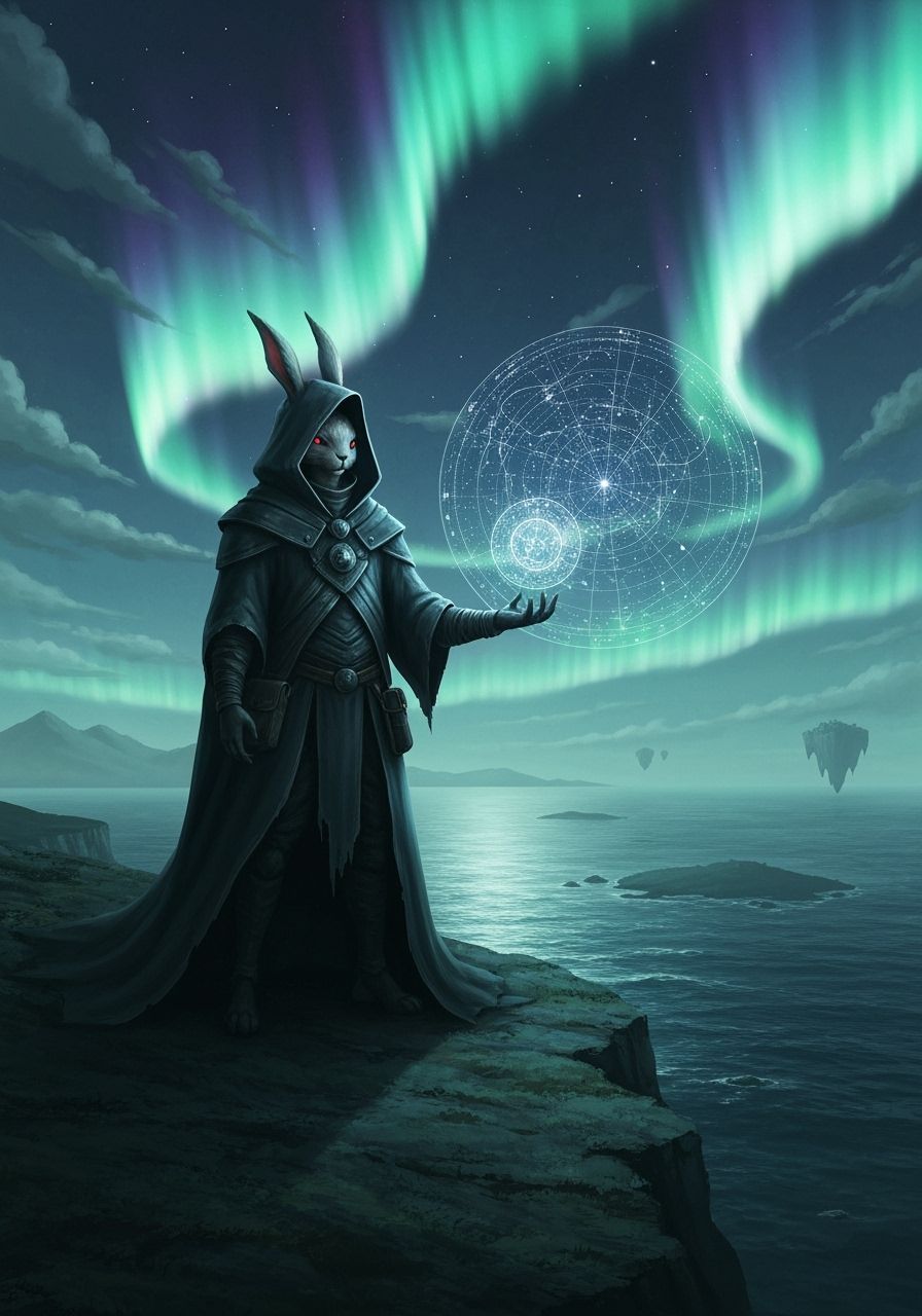 Mysterious Rabbit Figure Reads Star Map on Alien Shore