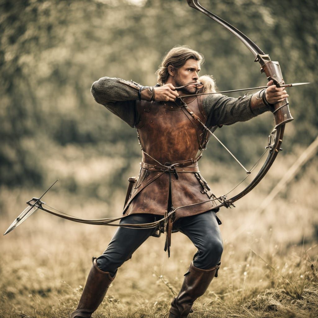 Medieval Archer Aims with Bow and Arrow in a Realistic Style