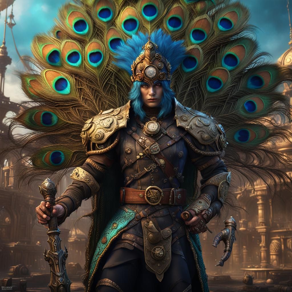 Steampunk Peacock Barbarian: Detailed Fantasy Art