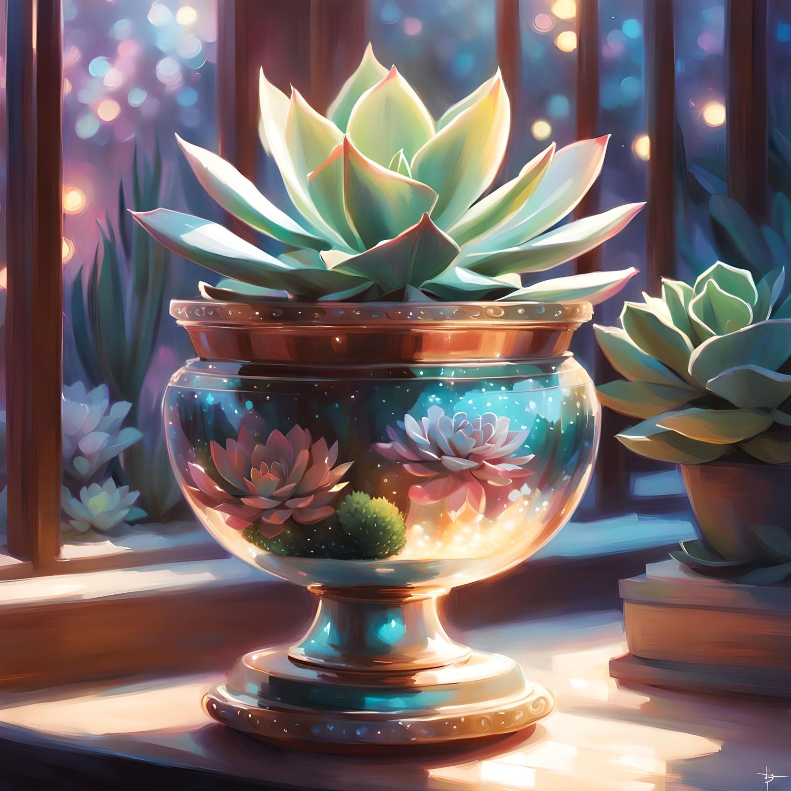 Iridescent Succulent in Ornate Pot, Dreamy Lighting