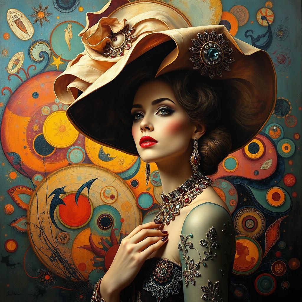 Surreal Woman with Exquisite Hat in Abstract Dreamscape