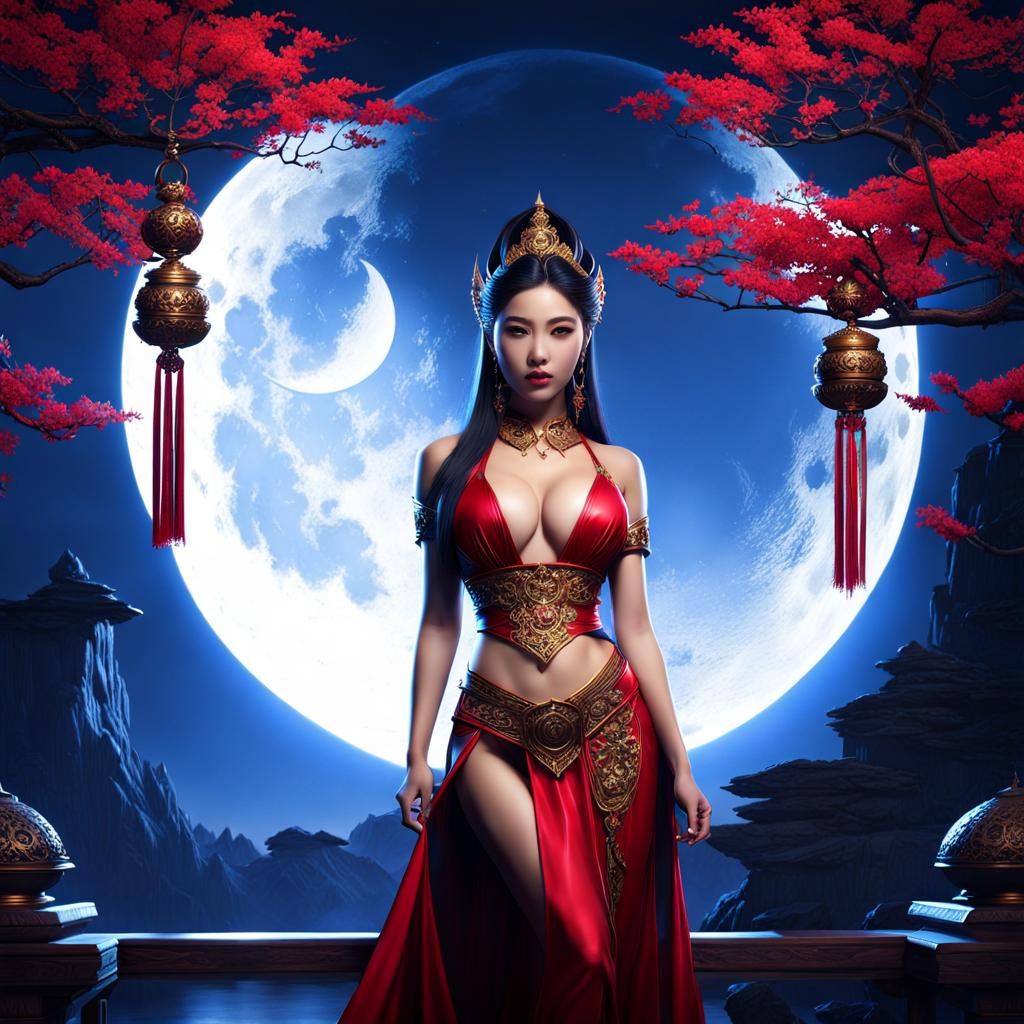 Sorcerous Asian Beauty in Moonlight: Fantasy Art