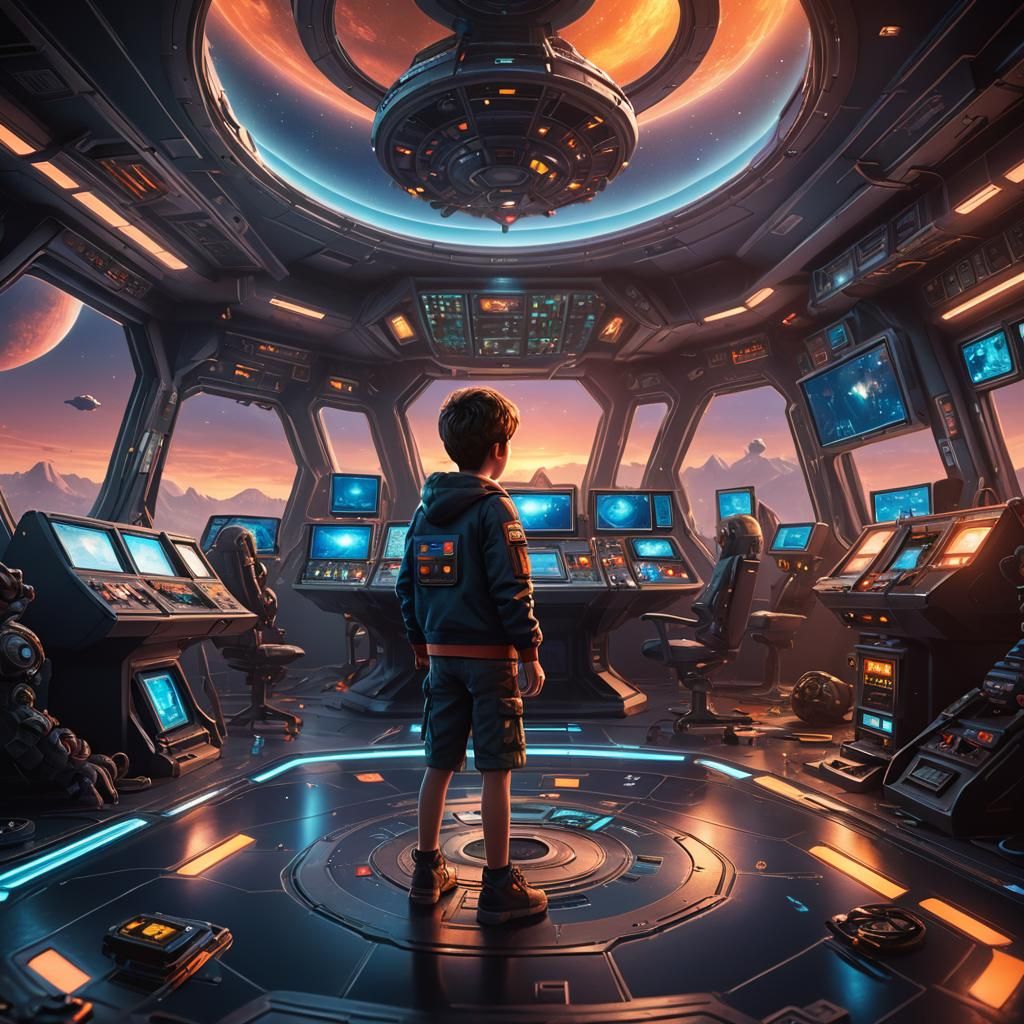 Kid in UFO with Monsters: Dark Fantasy Concept Art