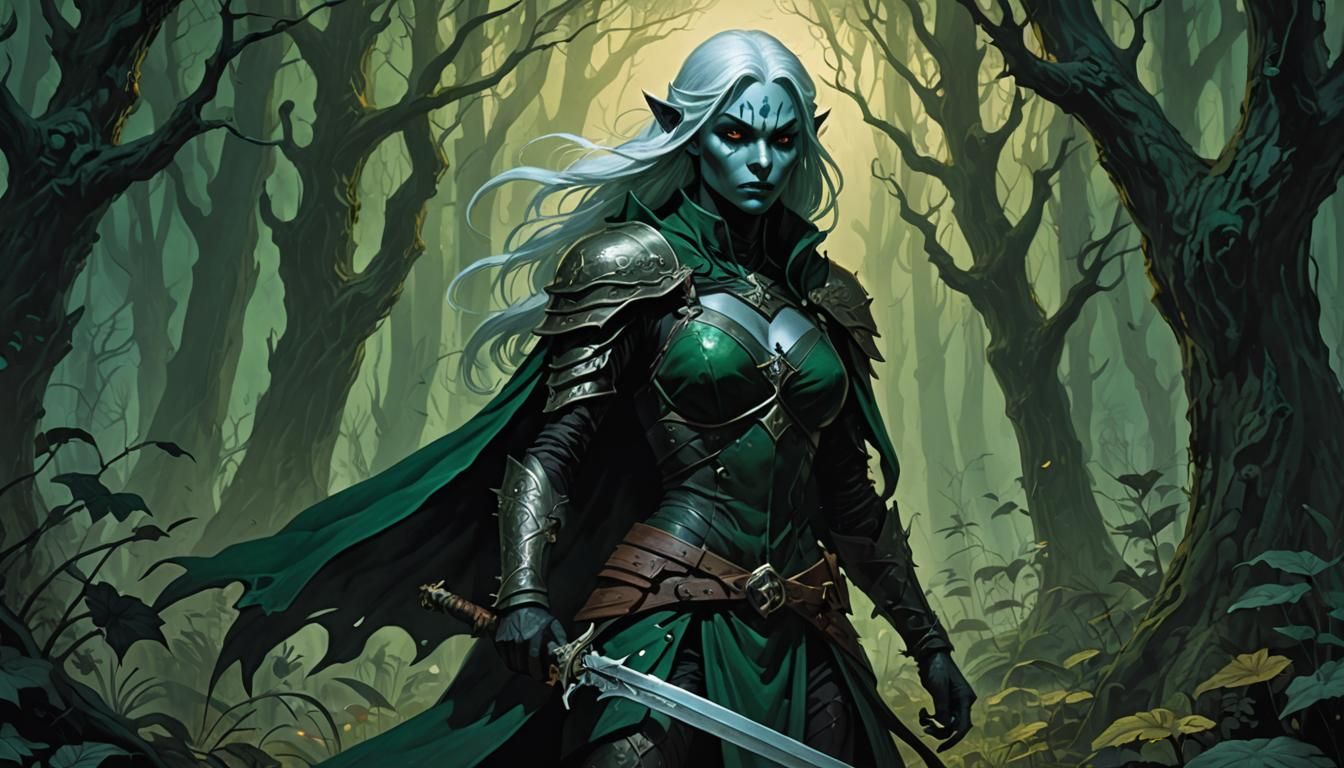 Drow Warrior in Mystical Forest: Dark Fantasy Art