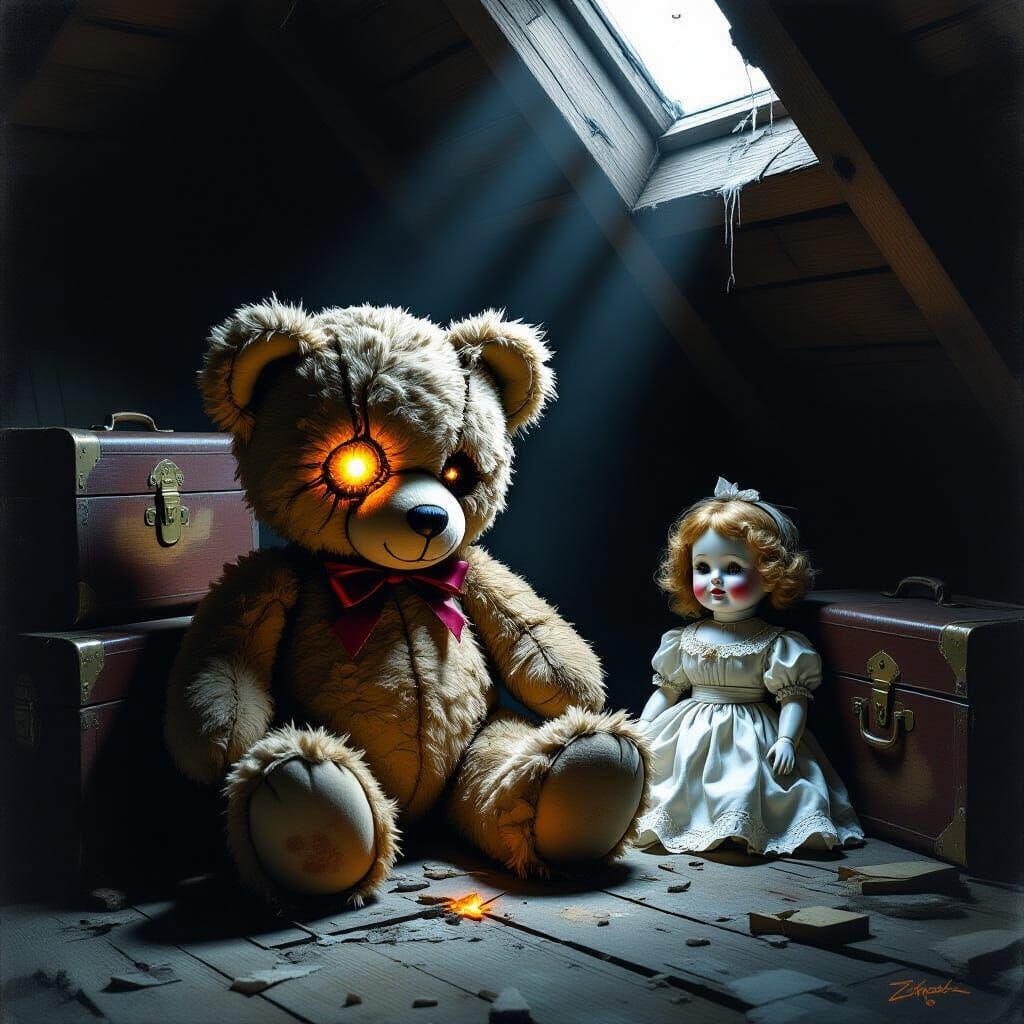 Eerie Teddy Bear in Dusty Attic, Dark Fantasy Style