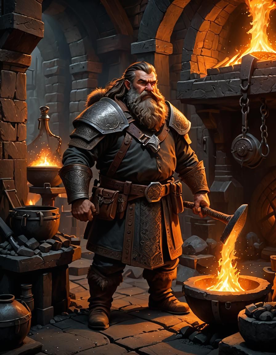 Dwarven Smith in Forge with Molten Iron