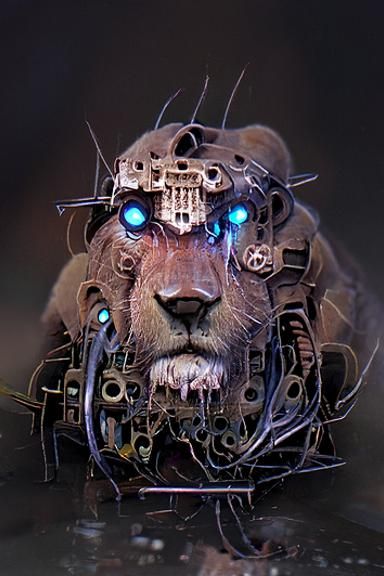 Cybernetically Enhanced Lion Concept Art in Noir Style