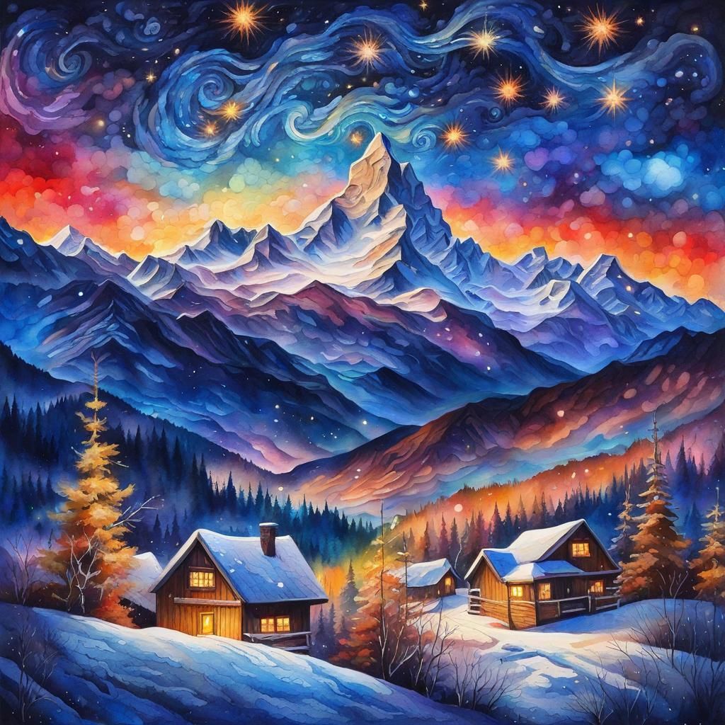 Colorful Starry Night Over Winter Landscape
