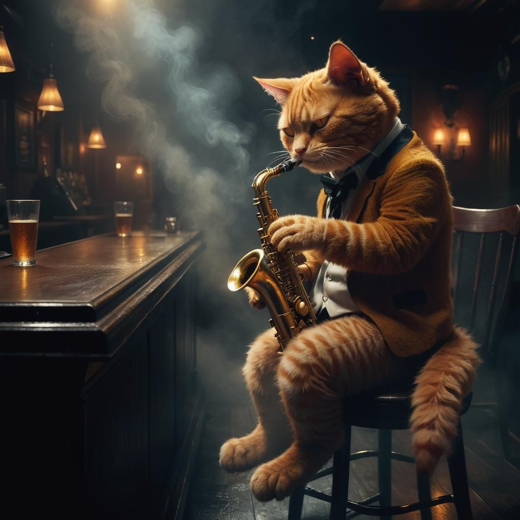 Ginger Cat Saxophonist in Smoky Bar Concept Art