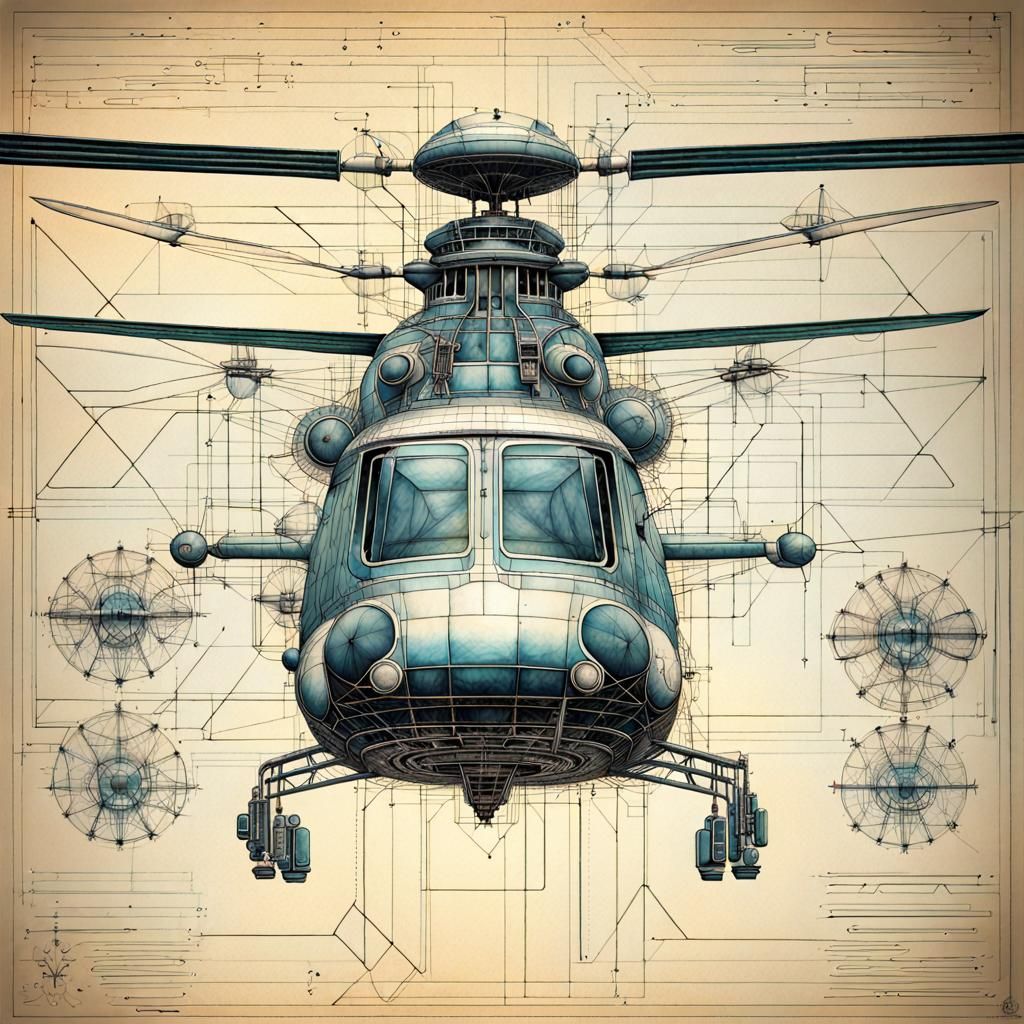 Iridescent Exploding Wireframe Helicopter Schematic