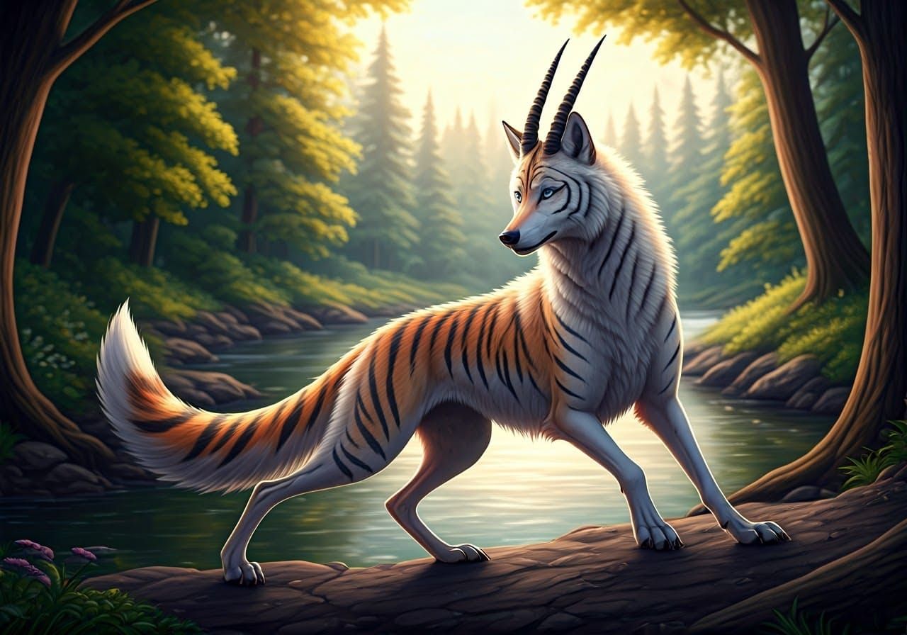 Hybrid Wolf with Tiger Stripes and Gazelle Horns