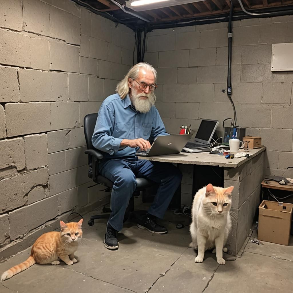 Old Man with Cat in Basement on Computer