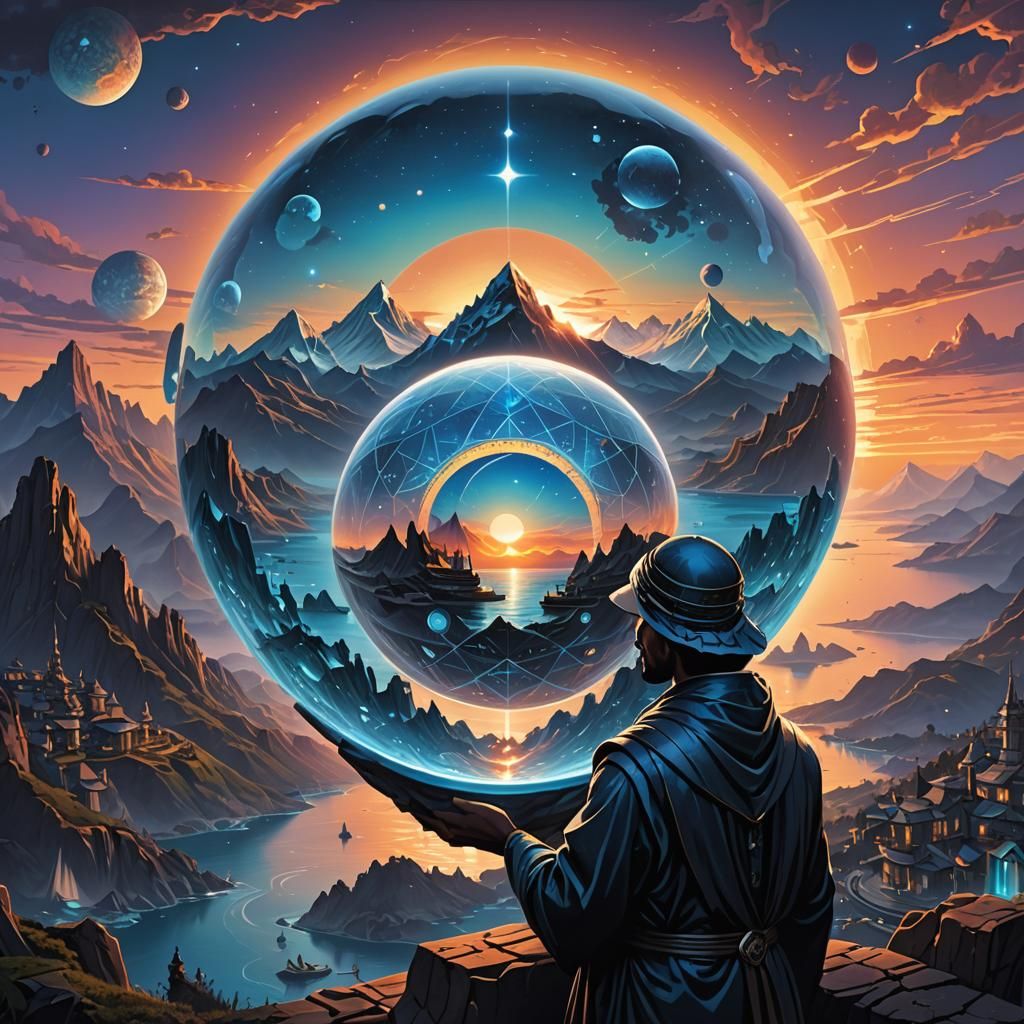 Azure Fortune Teller with Cyberpunk Mountainscape