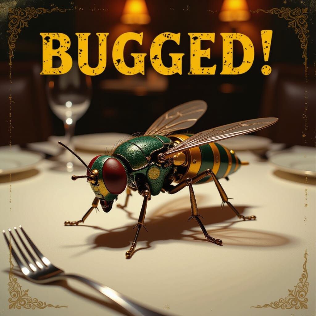 Steampunk Mechanical Fly on Dinner Table Illustration