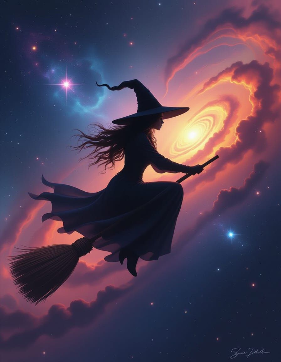 Witch Flying Through Starry Nebula in Digital Painting