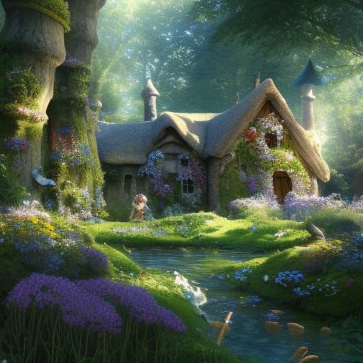 Enchanted Cottagecore Village by River, Fantasy Art