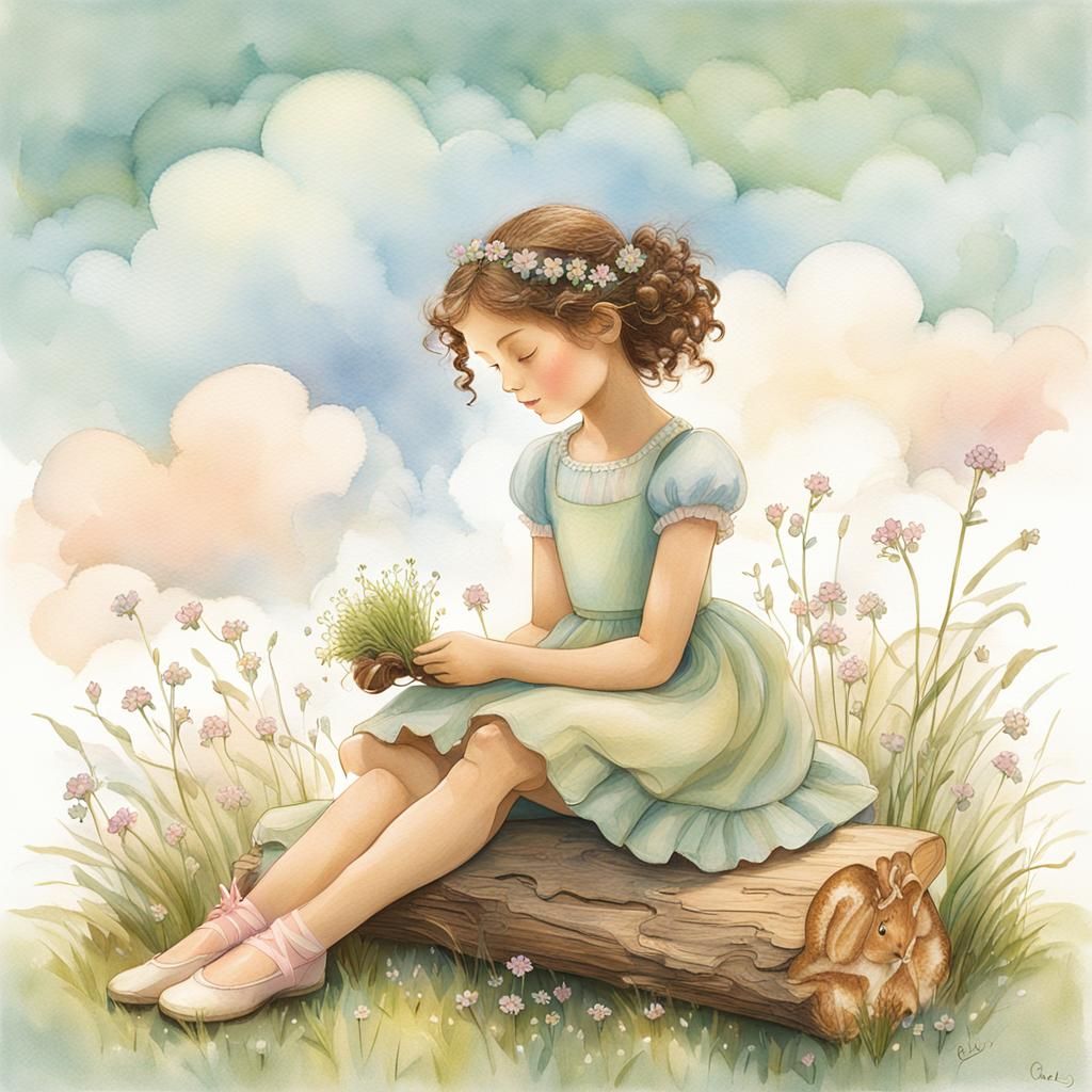 Girl with Ballerina Carving in Watercolor Style