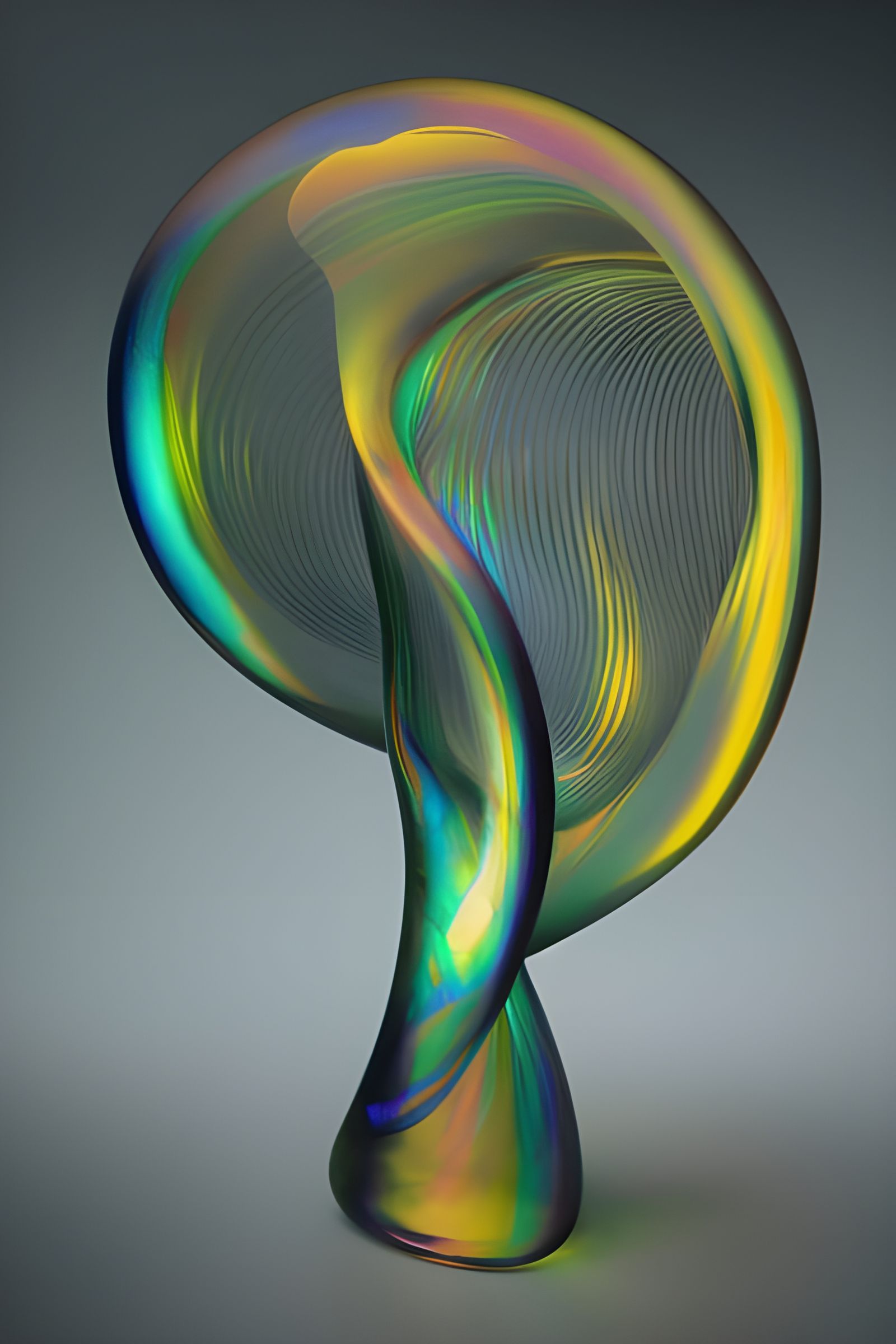 Iridescent Glass Spiral Sculpture in Radiant Light