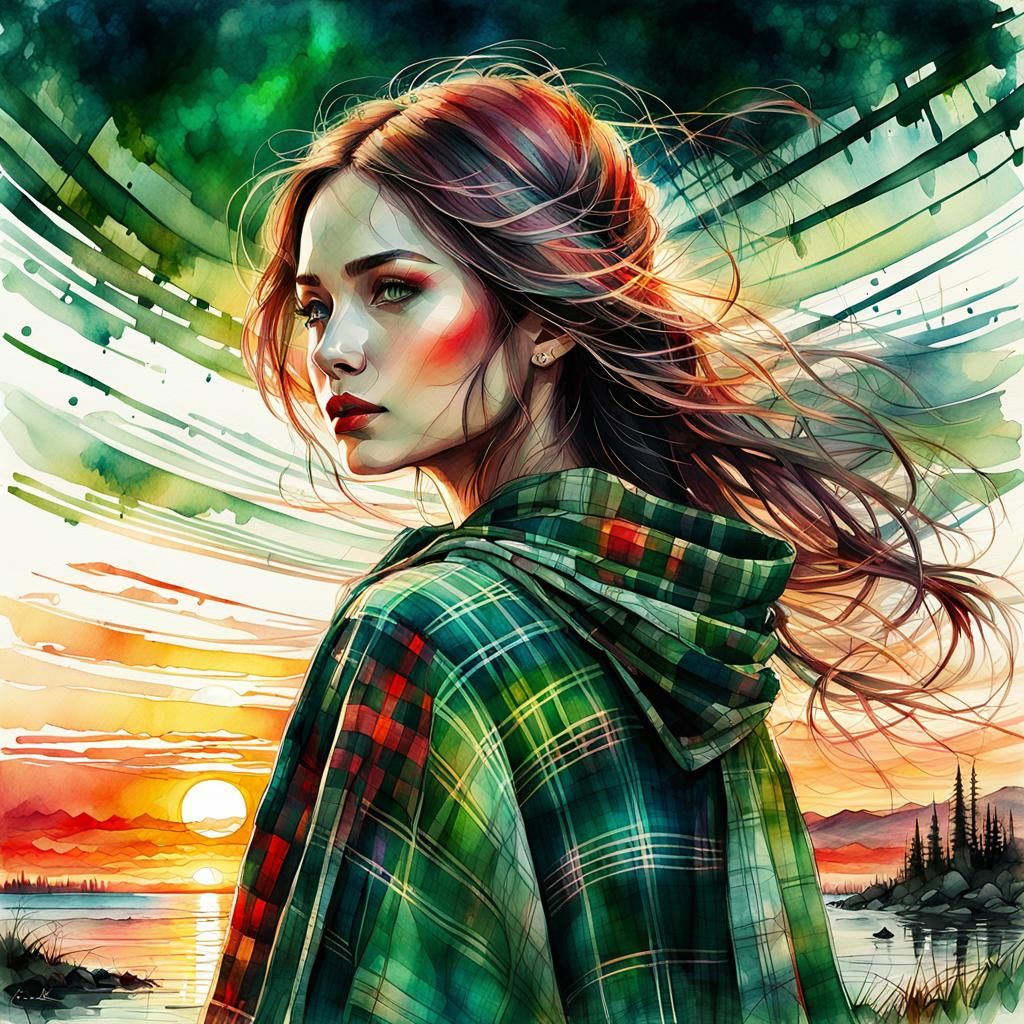 Girl in Plaid: Fantasy Watercolor Fairytale Illustration