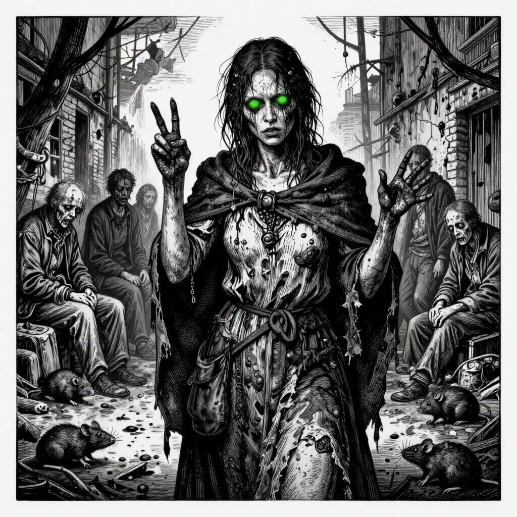 Grimdark Woodcut of Patched-Up Jenny Preaching Peace