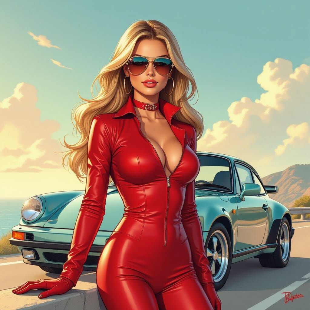 Woman in Red Catsuit Leaning on Porsche, in Comic Art Style