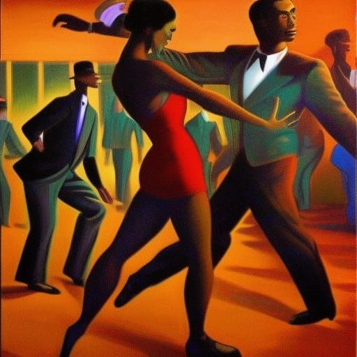 Dancing at the club Ernie Barnes dynamic lighting deep color detailed twilight